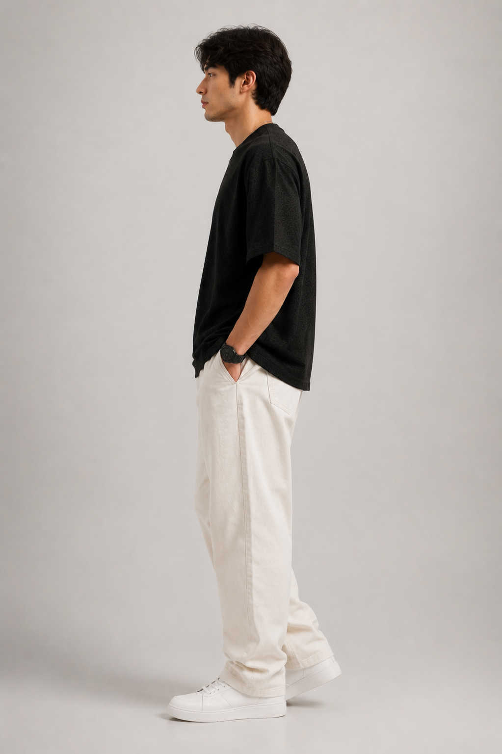 Urban Setters 180 GSM Oversized Plain Tee Black Charcoal Melange - Side view